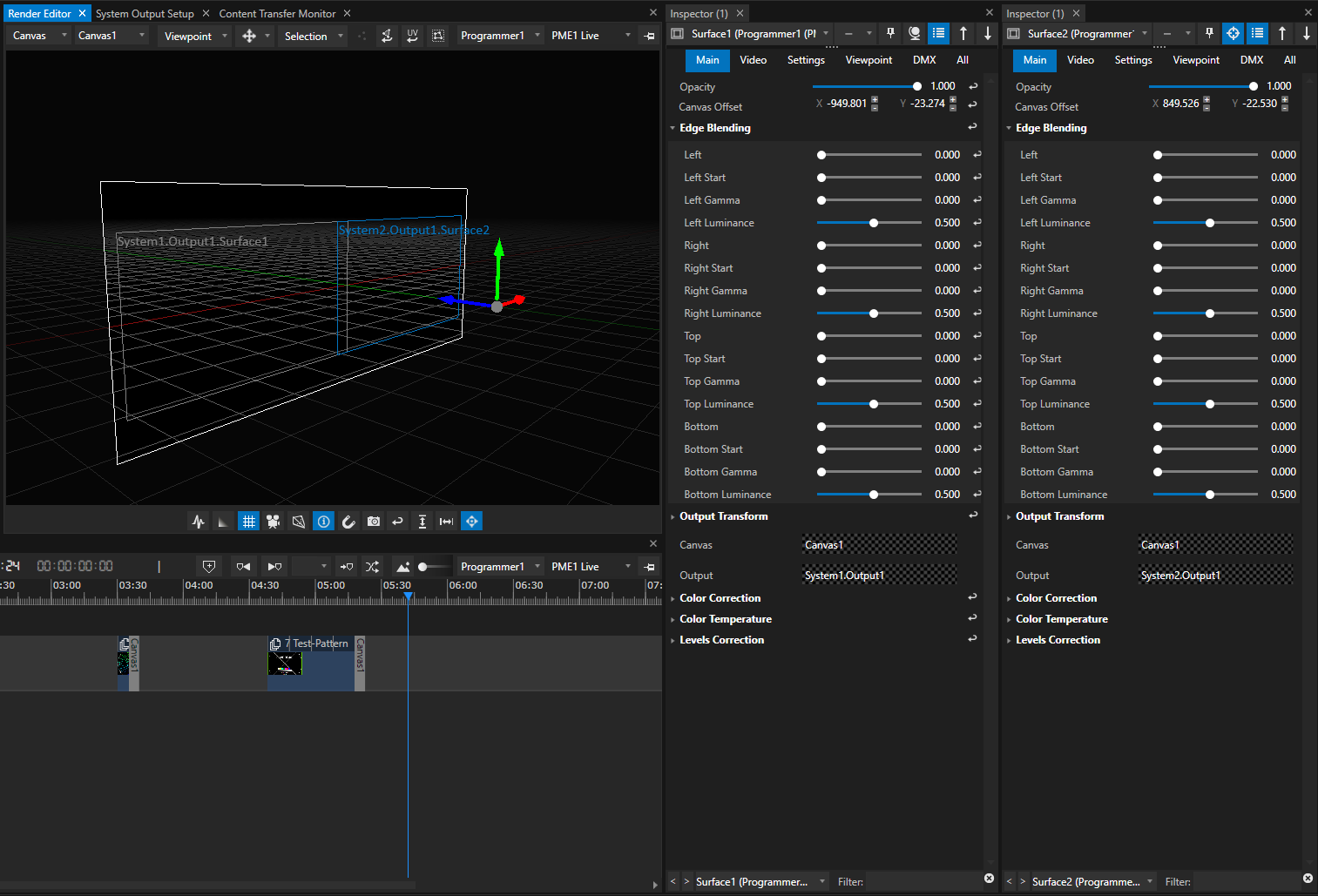 Workspace example for an edge blending: 2 surfaces on a canvas, each surface is pinned to an inspector. &nbsp;