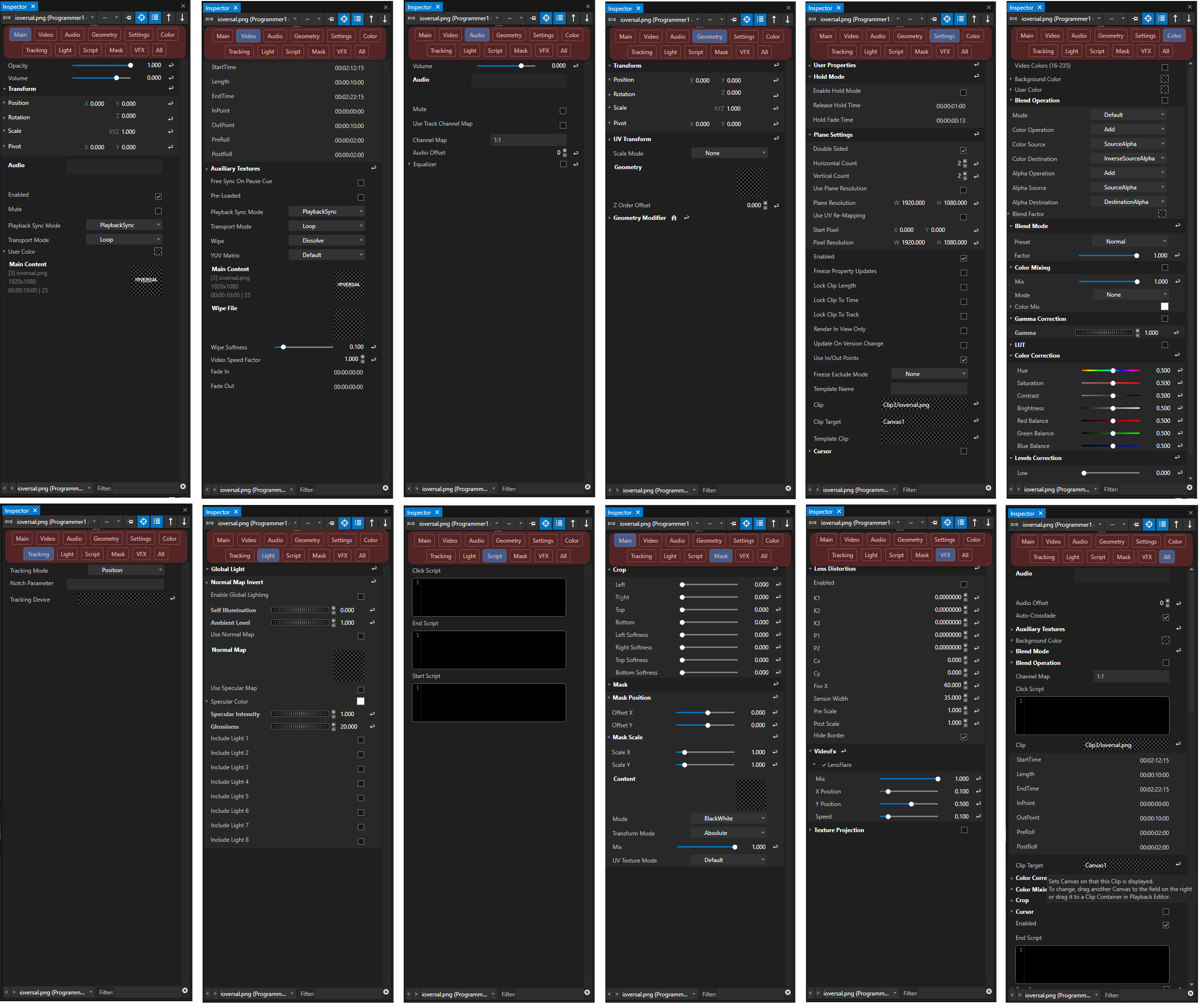 Screenshots of all the available tabs sorting the various settings and properties in a Clip Container's Inspector window.&nbsp;