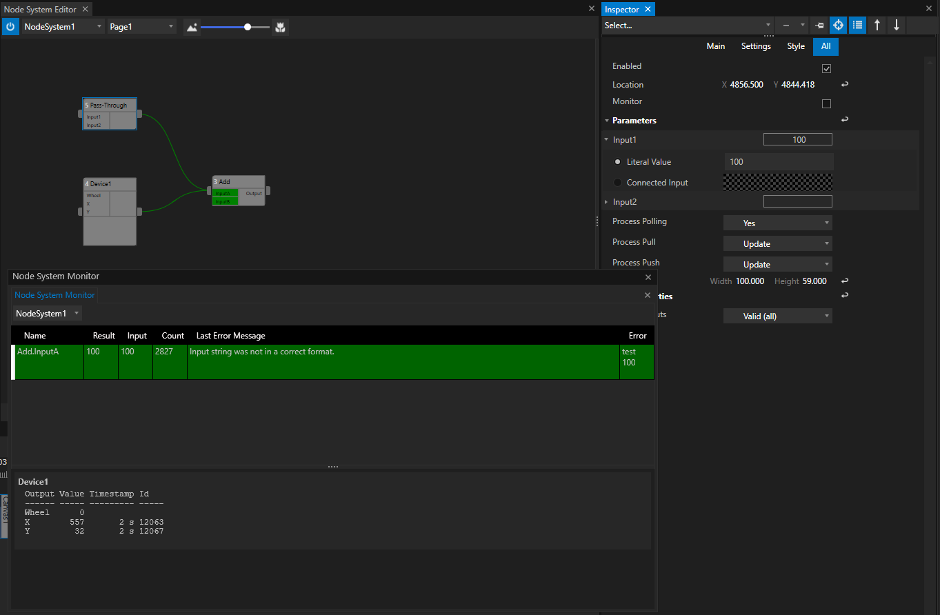 Pass-Through Node: The value from the Input 1 Parameter ) was changed from a text "test" to a decimal number "100". Now the expected value range applies on the Input of the "Add" Node. The calculation of the "Add" Node can be processed. In the Node System Monitor the line with the logged Error changes to a green color. The old wrong text value "test" still is listed above the correct new value "100" Pass-Through Node: The value from the Input 1 Parameter ) was changed from a text "test" to a decimal number "100". Now the expected value range applies on the Input of the "Add" Node. The calculation of the "Add" Node can be processed. In the Node System Monitor the line with the logged Error changes to a green color. The old wrong text value "test" still is listed above the correct new value "100"